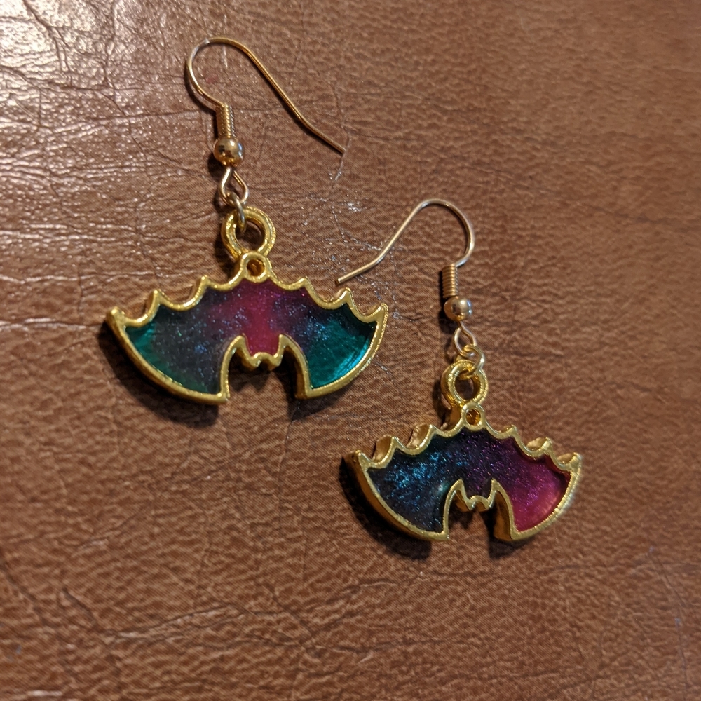 Rainbow Bats Earrings Gold Resin Galaxy Handmade Halloween - Picture 12 of 15